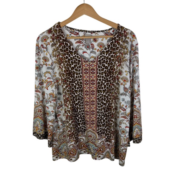 Chico's Tops - Chicos Mixed Print Blouse Size 2 Large Leopard Floral Paisley Stretch Boho Comfy